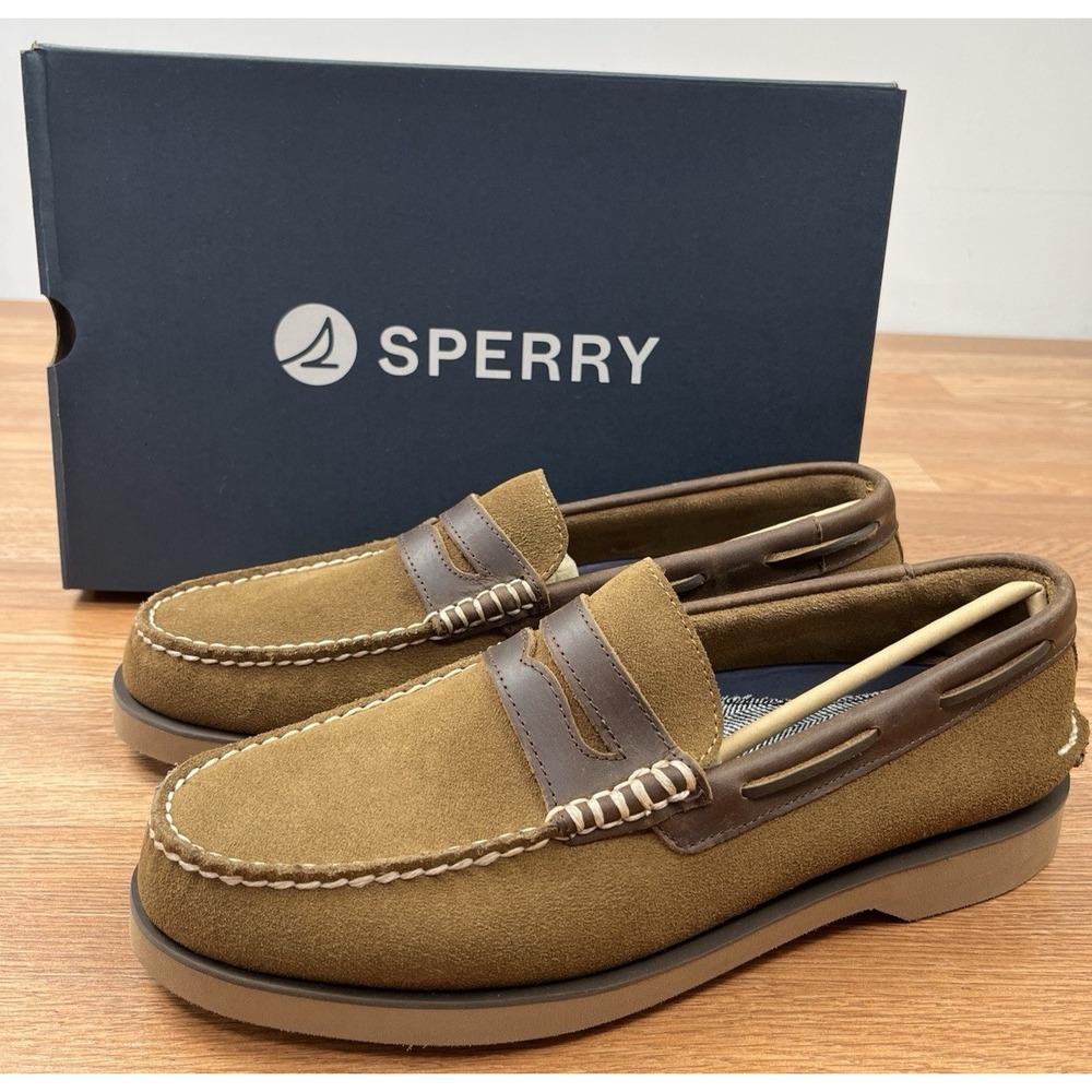 Sperry Authentic Original Double Sole Suede Dark Tan Penny Loafers 11 WIDE NEW